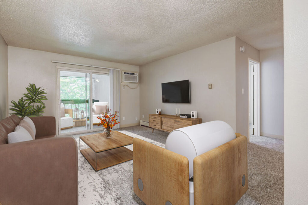 Open living space with glass patio doors