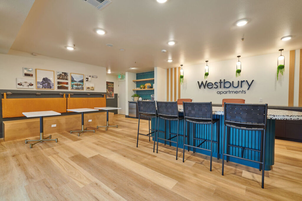 Community clubhouse lounge at Westbury apartment complex in Westminster, CO